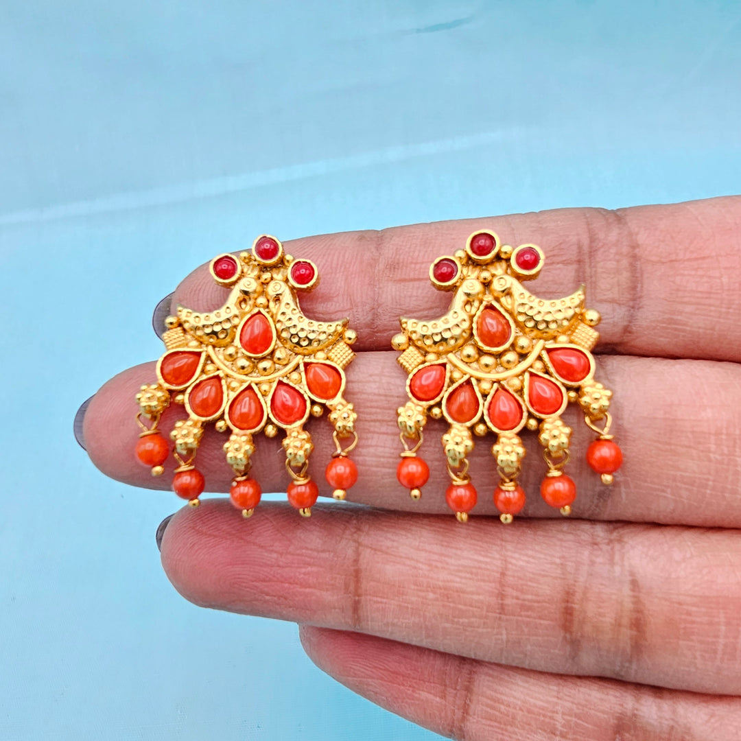 Silver Nakshi Coral Studs