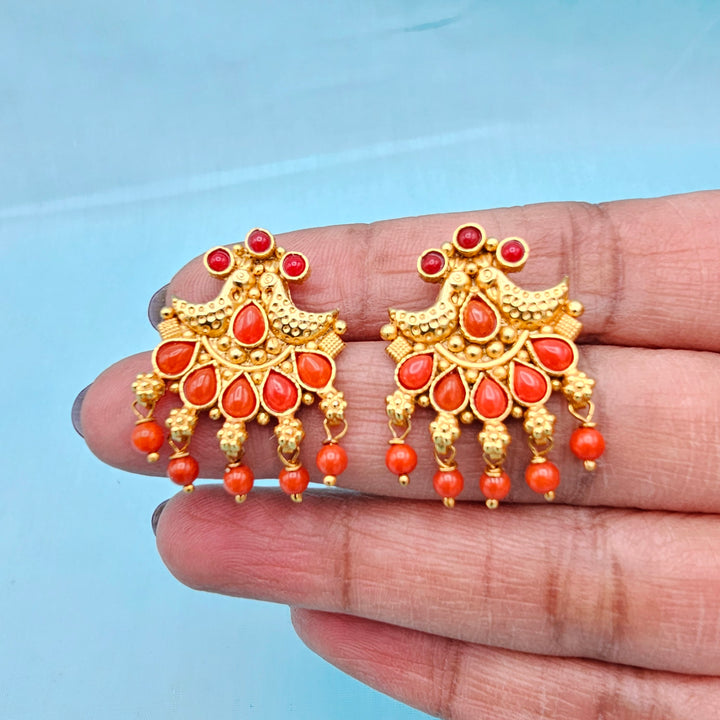Silver Nakshi Coral Studs