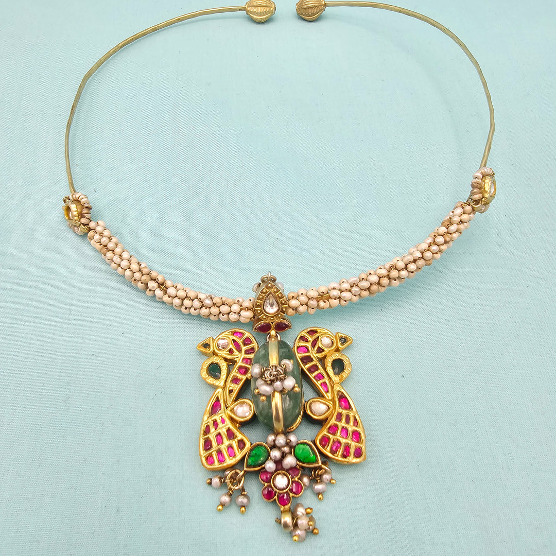 Peacock Silver Kundan Hasli