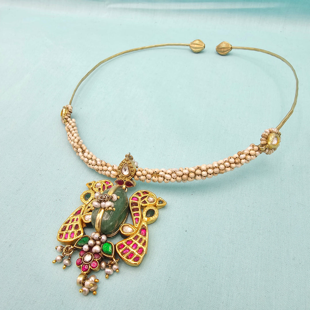 Peacock Silver Kundan Hasli