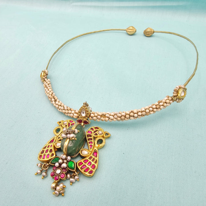 Peacock Silver Kundan Hasli