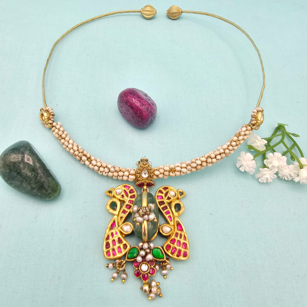 Peacock Silver Kundan Hasli