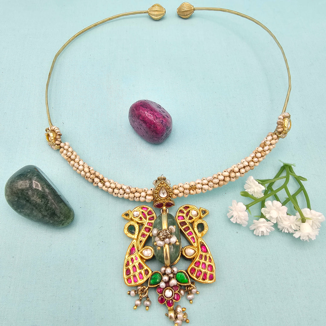 Peacock Silver Kundan Hasli