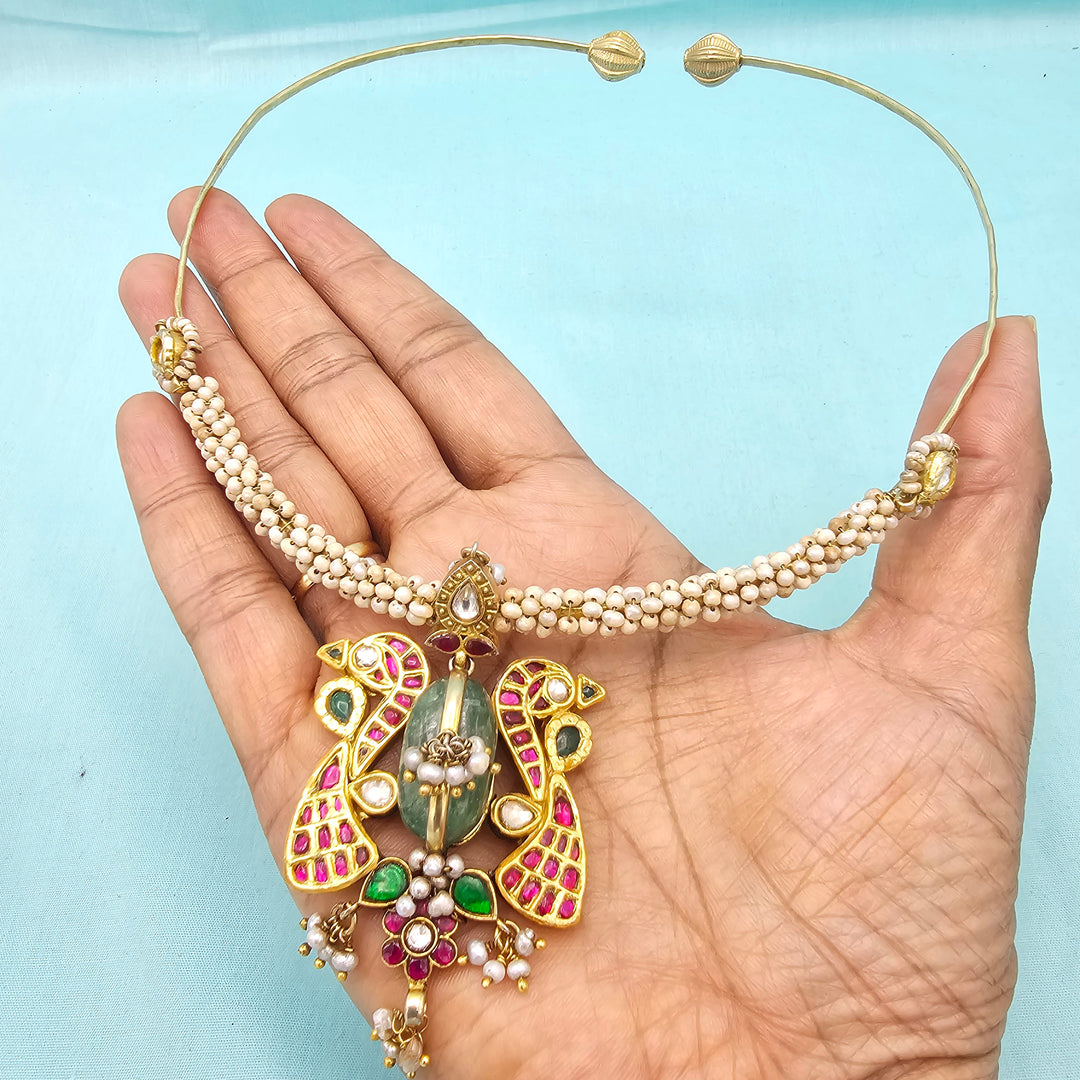 Peacock Silver Kundan Hasli