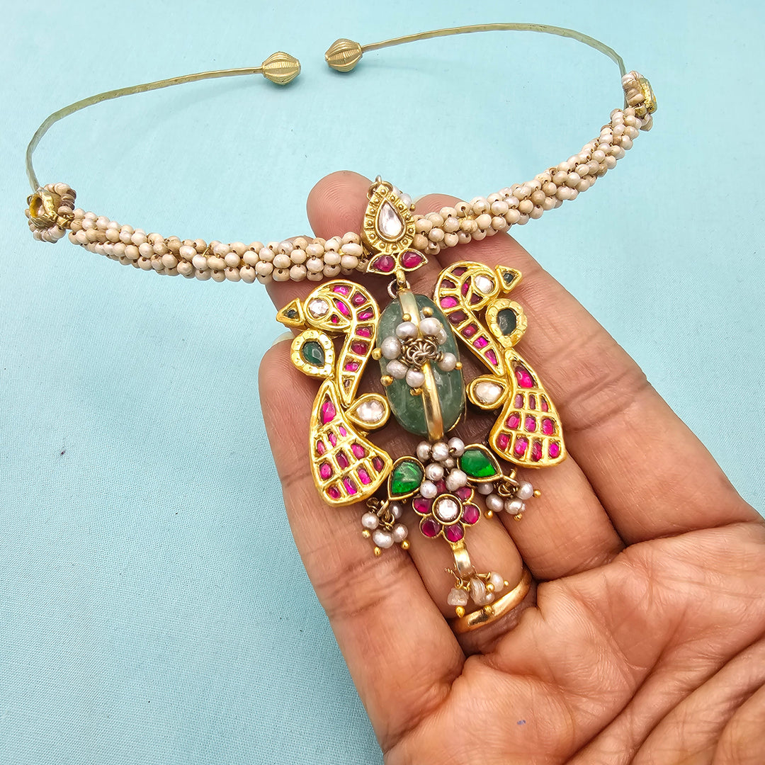 Peacock Silver Kundan Hasli