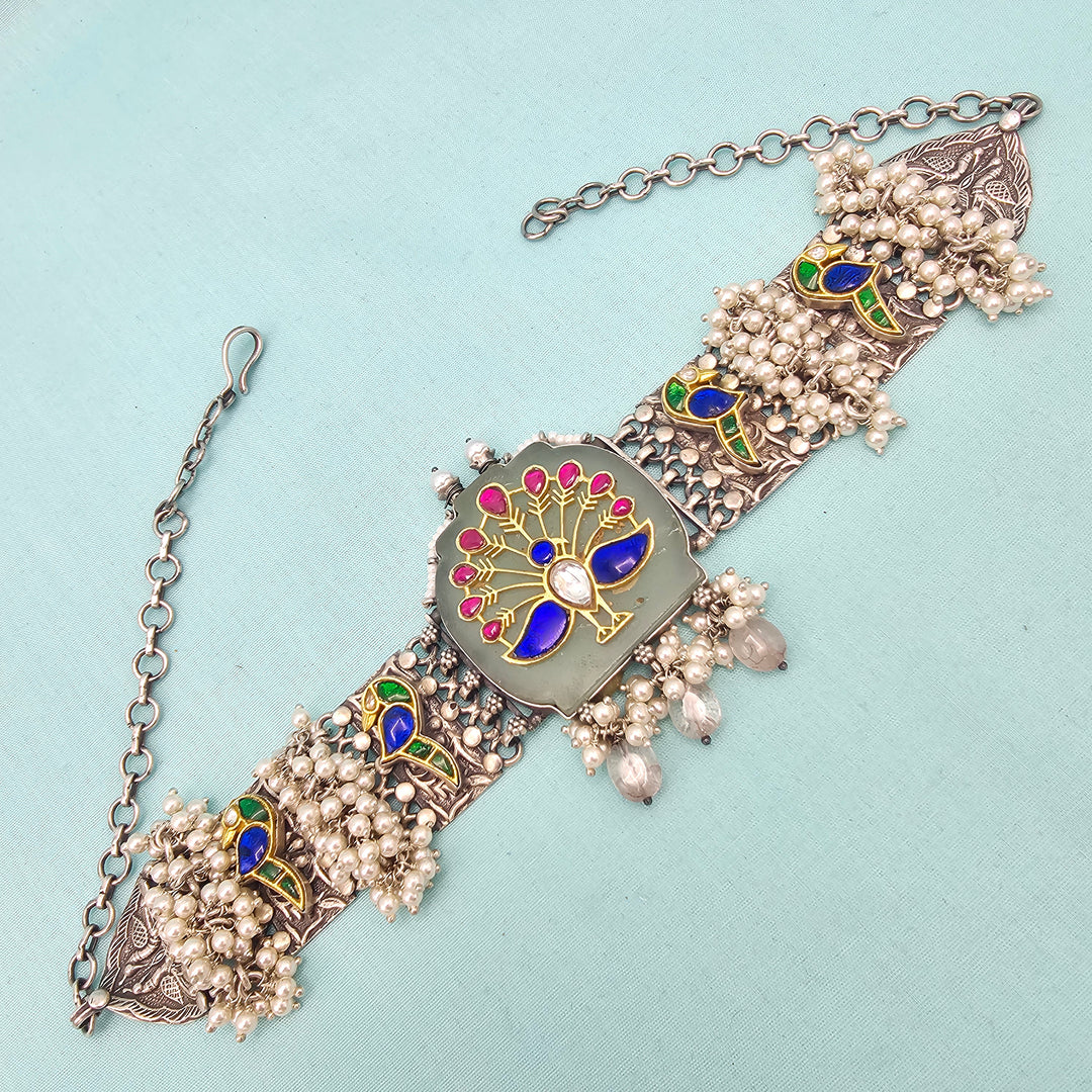 Peacock Silver inlay choker