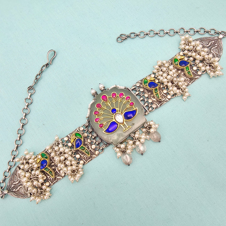 Peacock Silver inlay choker