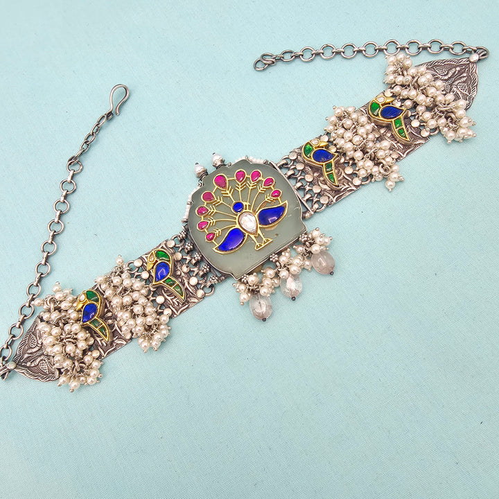 Peacock Silver inlay choker