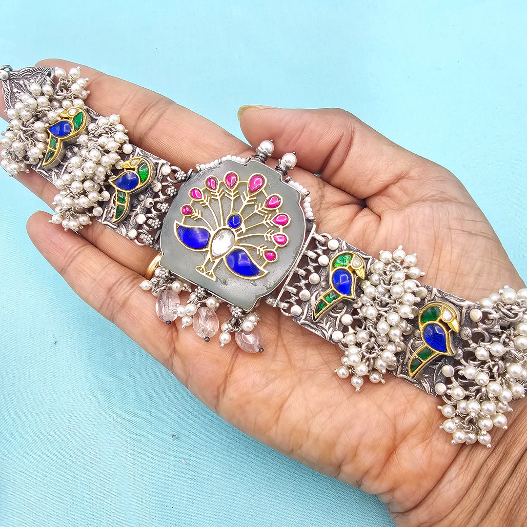 Peacock Silver inlay choker
