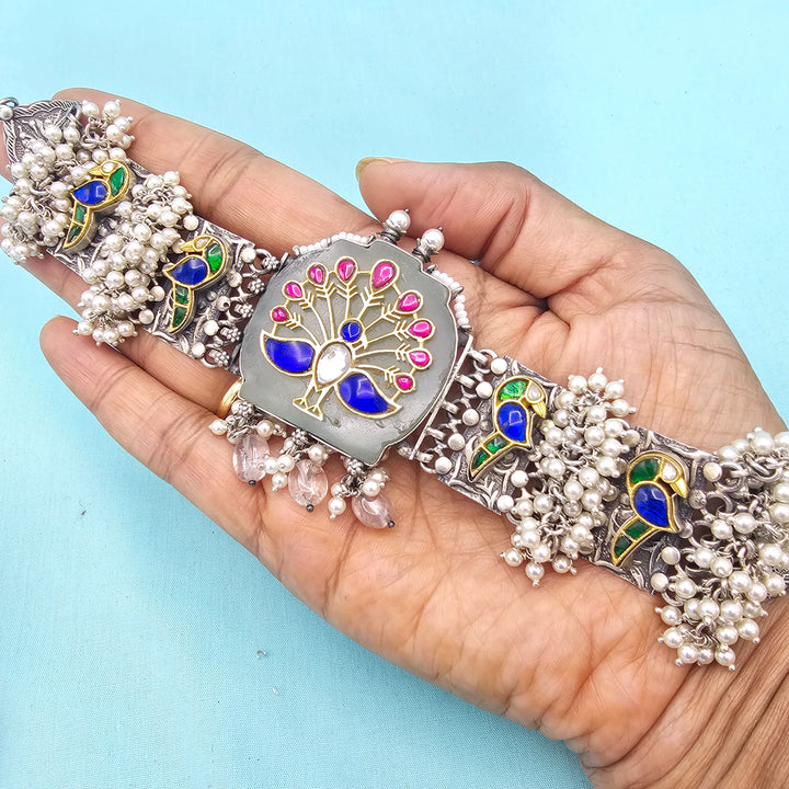 Peacock Silver inlay choker
