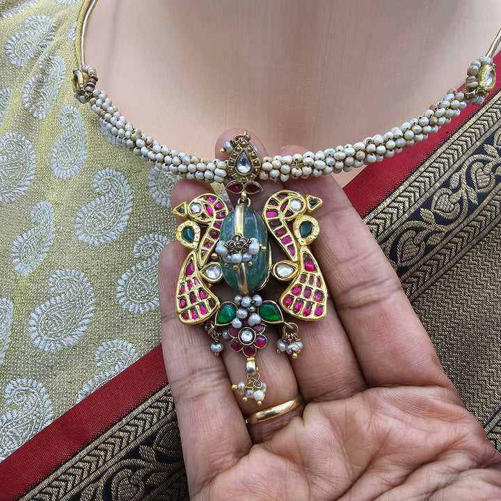 Peacock Silver Kundan Hasli