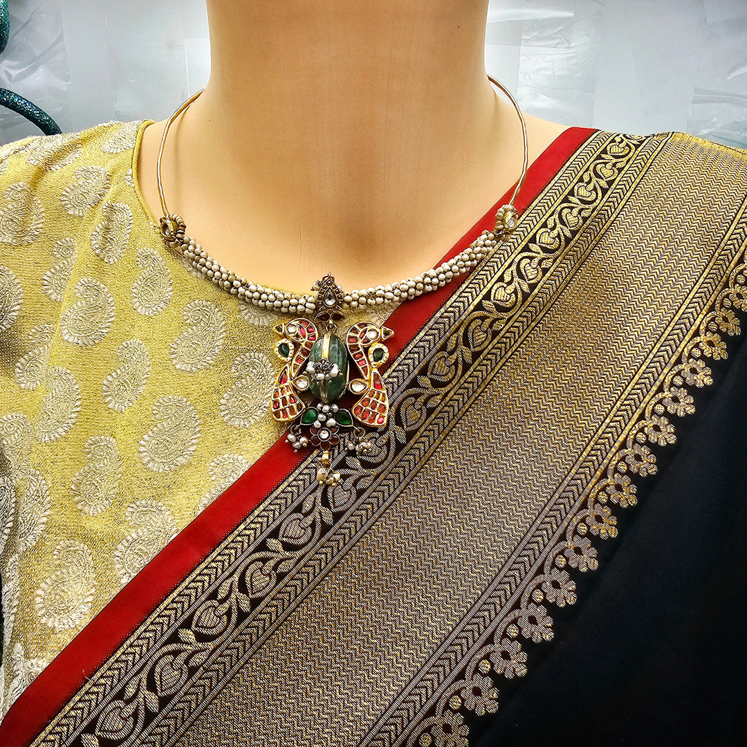 Peacock Silver Kundan Hasli