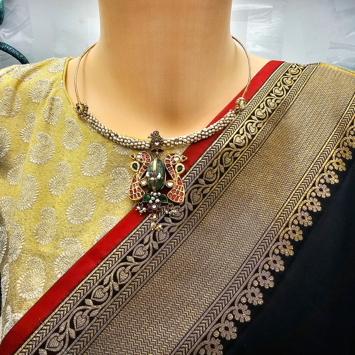 Peacock Silver Kundan Hasli