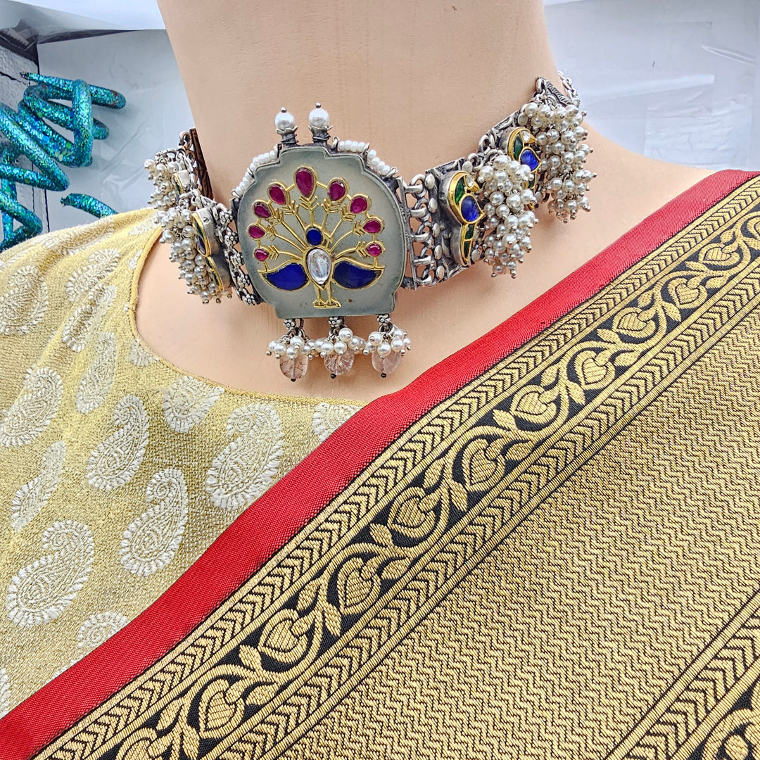 Peacock Silver inlay choker