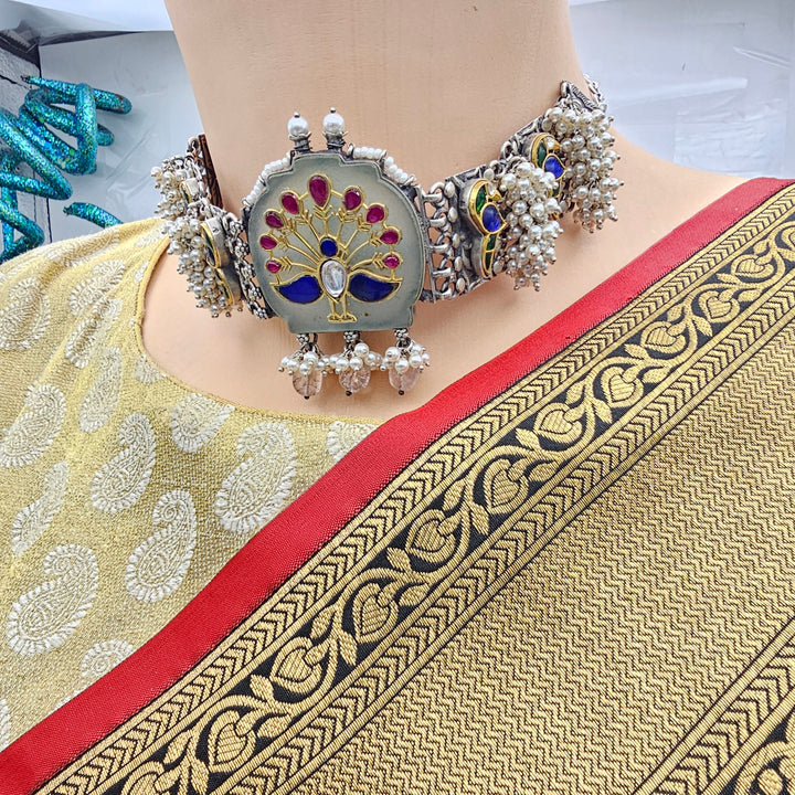 Peacock Silver inlay choker