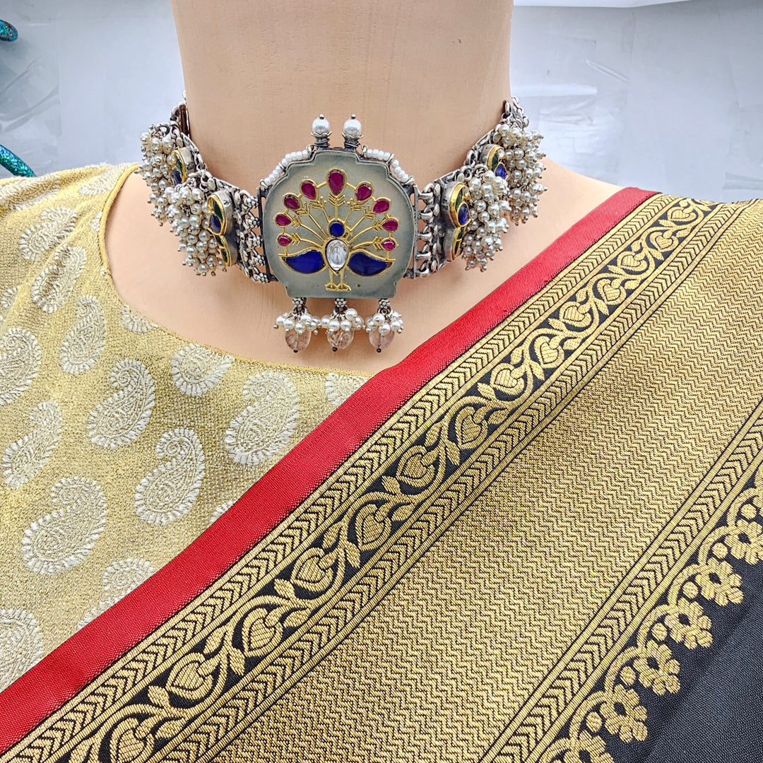 Peacock Silver inlay choker