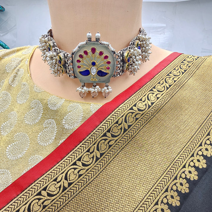 Peacock Silver inlay choker