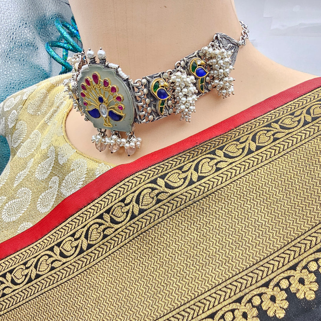 Peacock Silver inlay choker