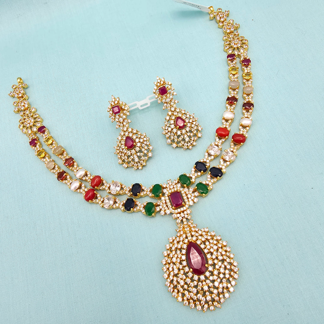 Silver Navratna Necklace Set