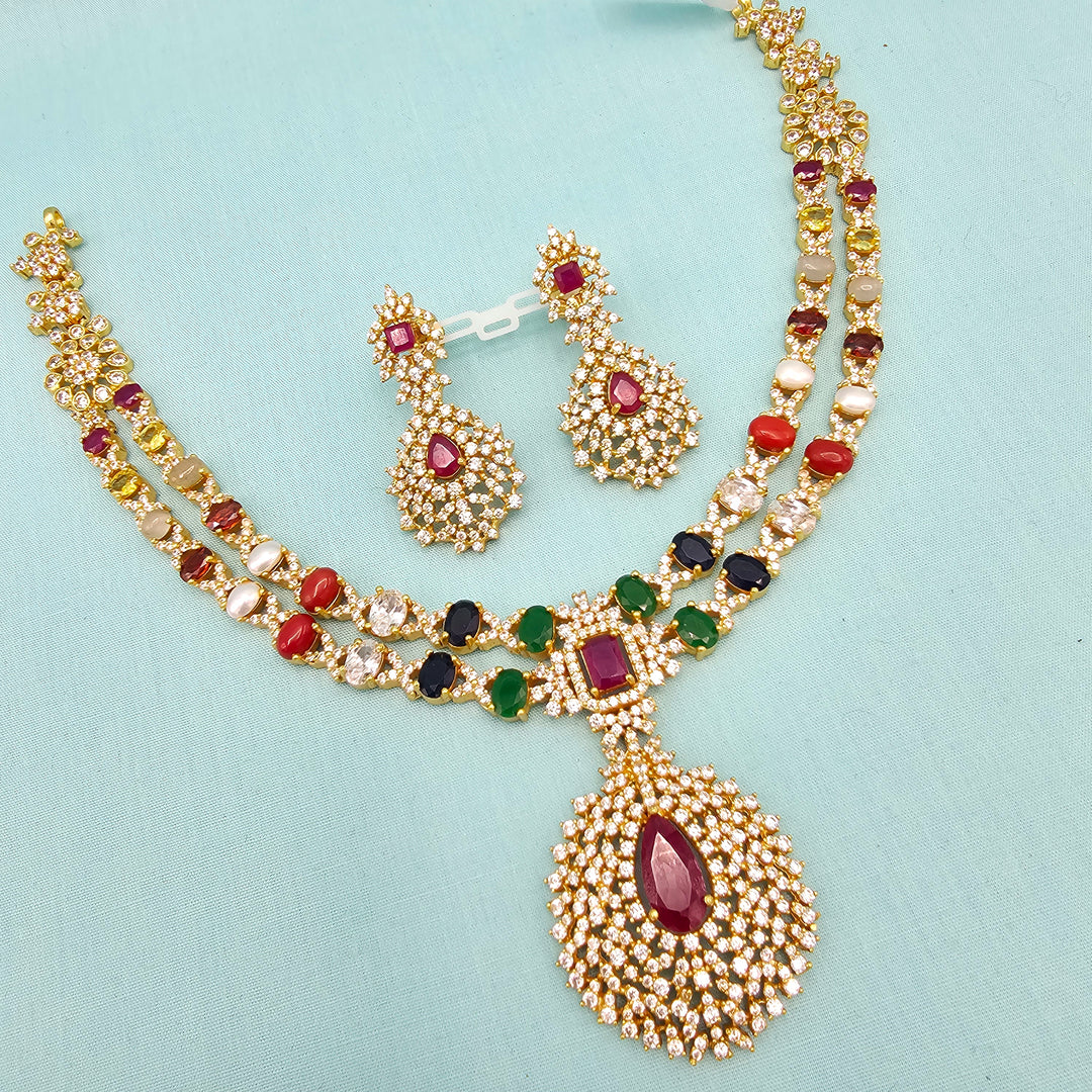 Silver Navratna Necklace Set