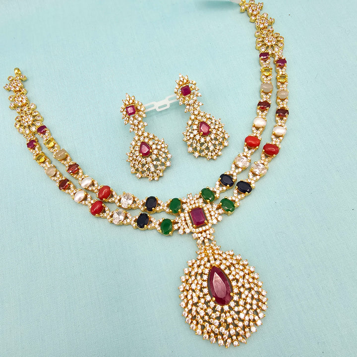 Silver Navratna Necklace Set