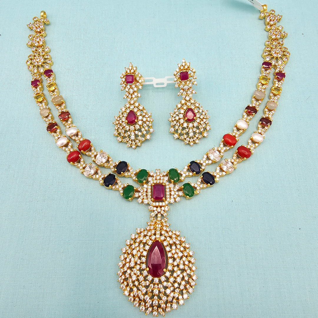 Silver Navratna Necklace Set