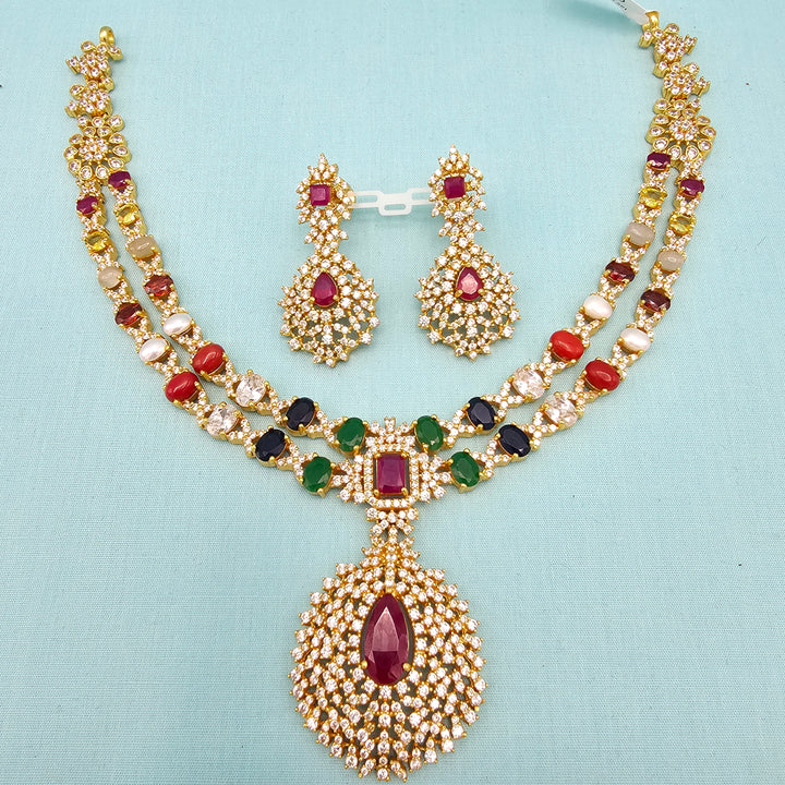 Silver Navratna Necklace Set
