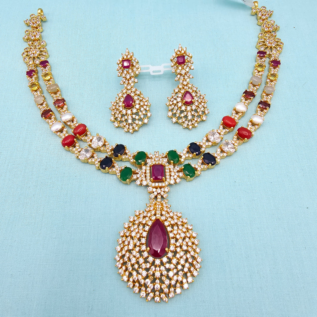Silver Navratna Necklace Set