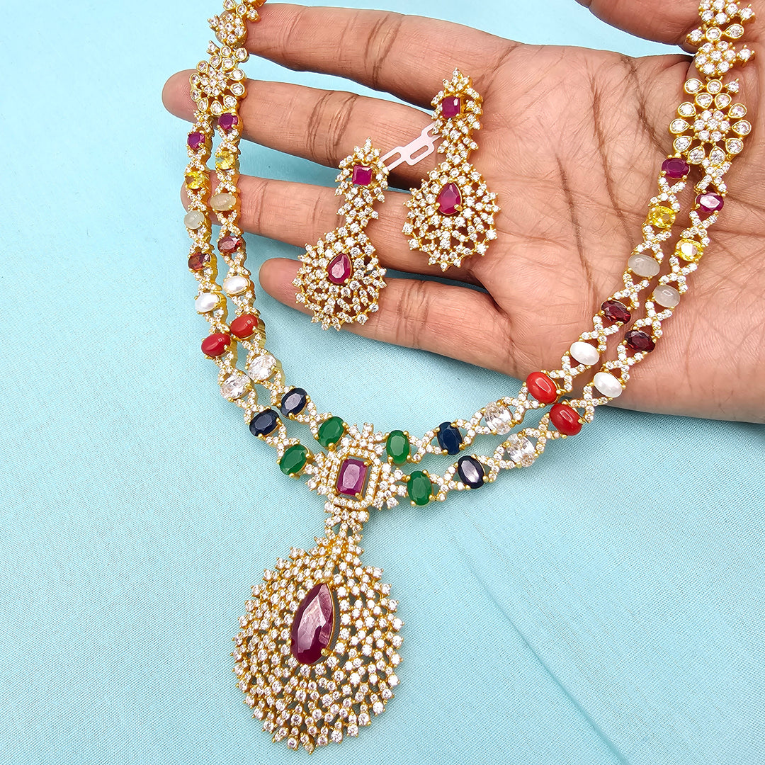 Silver Navratna Necklace Set
