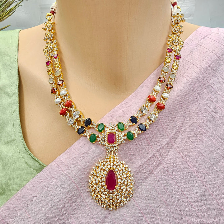 Silver Navratna Necklace Set