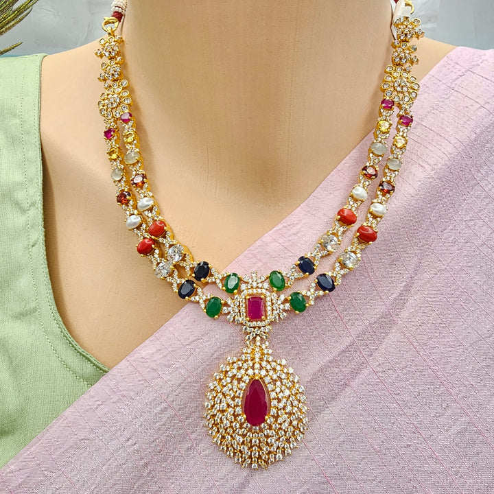 Silver Navratna Necklace Set