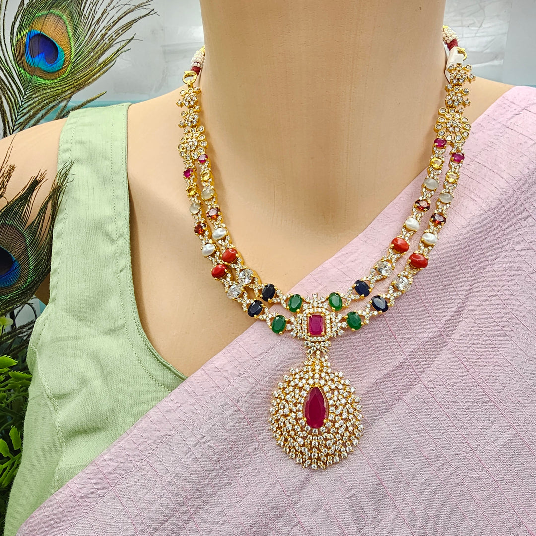 Silver Navratna Necklace Set