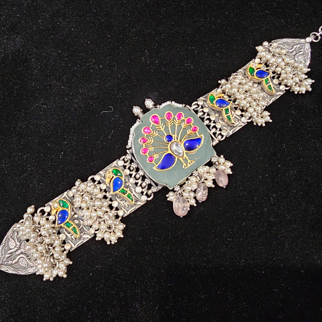 peacock Silver inlay choker