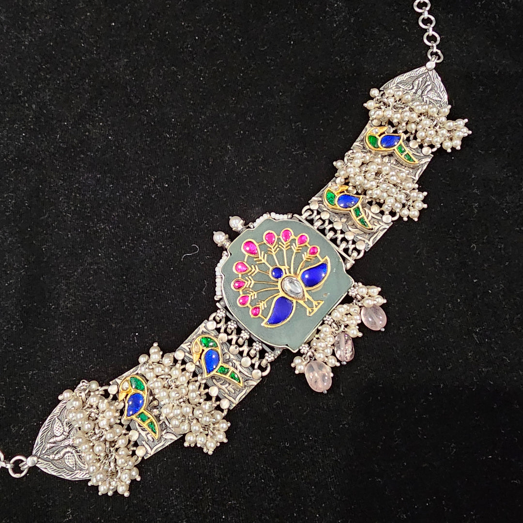 peacock Silver inlay choker