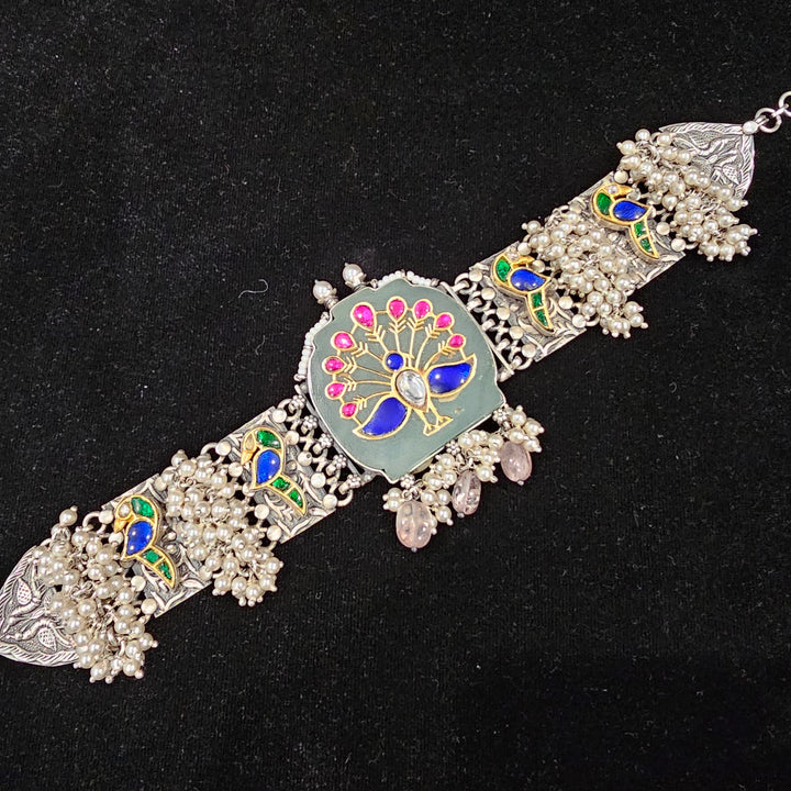 peacock Silver inlay choker