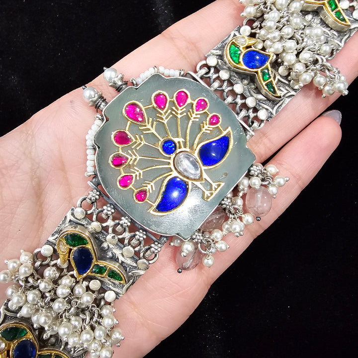 peacock Silver inlay choker