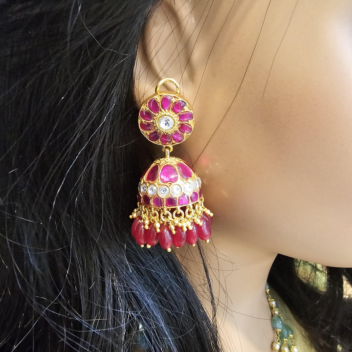 pink Kundan Jhumka