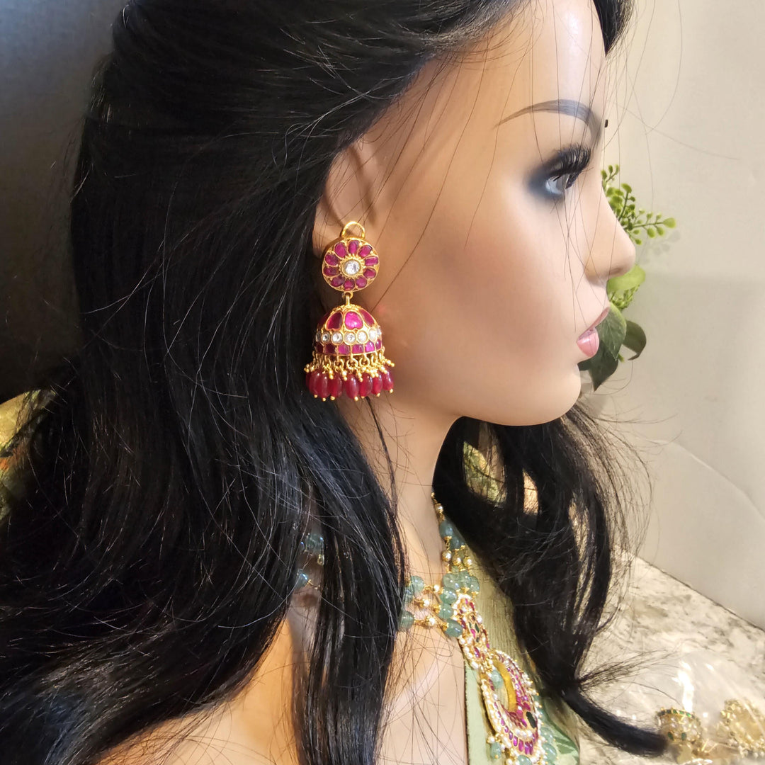 pink Kundan Jhumka
