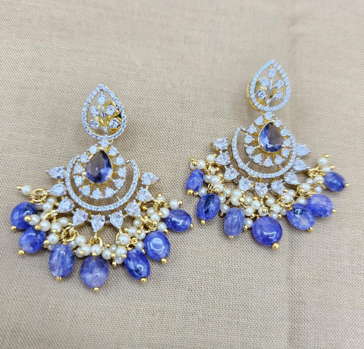 92.5 Silver Diamond Rep earrings, Party-wear Tanzanite Silver earring, Premium Cz Bali, 92.5 Hallmark, Indian wedding jewelry.