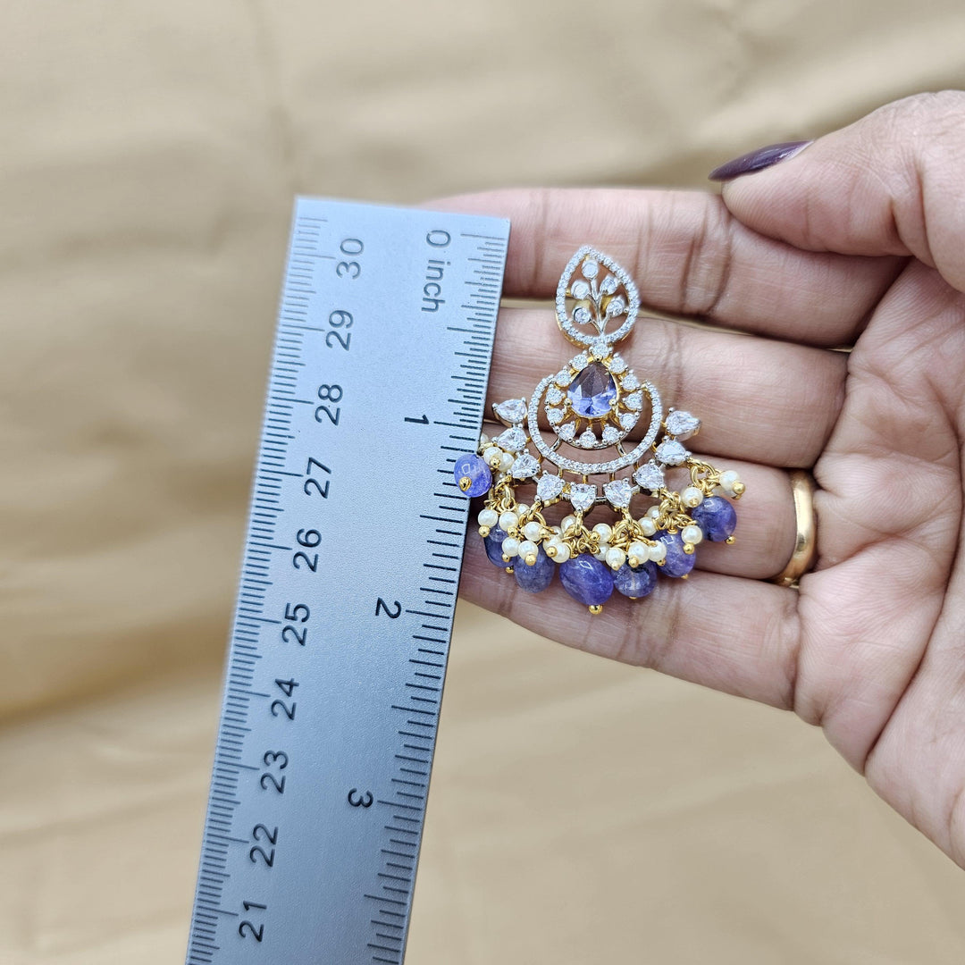 92.5 Silver Diamond Rep earrings, Party-wear Tanzanite Silver earring, Premium Cz Bali, 92.5 Hallmark, Indian wedding jewelry.