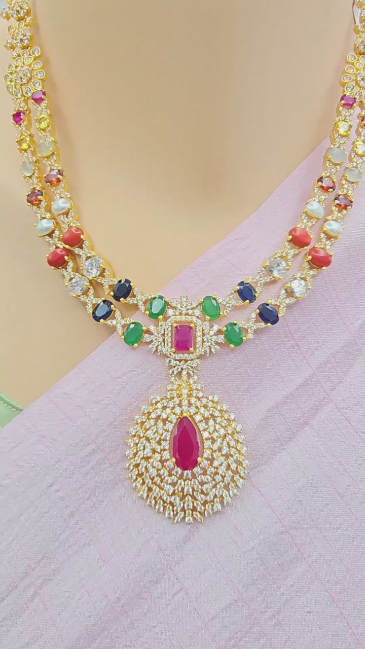 Silver Navratna Necklace Set